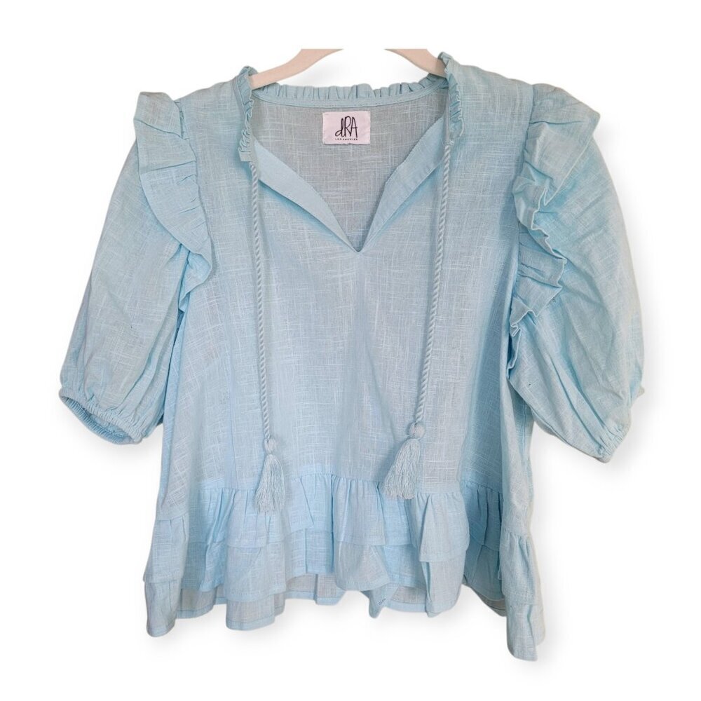 Anthropologie DRA Icy Blue Cotton Tassel Blouse Small Lightweight Summer Top - Picture 7 of 7